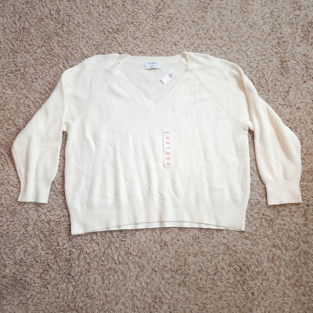 Old Navy V-Neck Sweater Women XXL Cream Ribbed Raglan Sleeve Knit Pullover